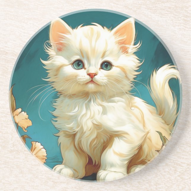 Alphonse Mucha Art Nouveau White Cat Coaster (Front)