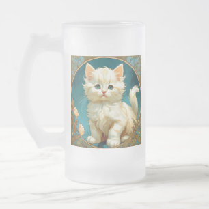 Alphonse Mucha Art Nouveau White Cat Frosted Glass Beer Mug