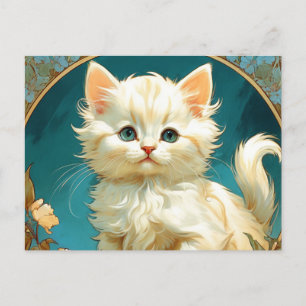 Alphonse Mucha Art Nouveau White Cat Holiday Postcard