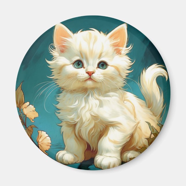 Alphonse Mucha Art Nouveau White Cat Magnet (Front)