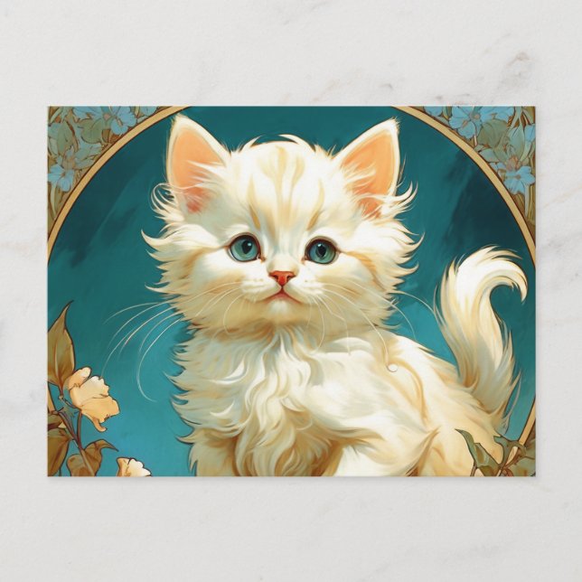 Alphonse Mucha Art Nouveau White Cat Postcard (Front)