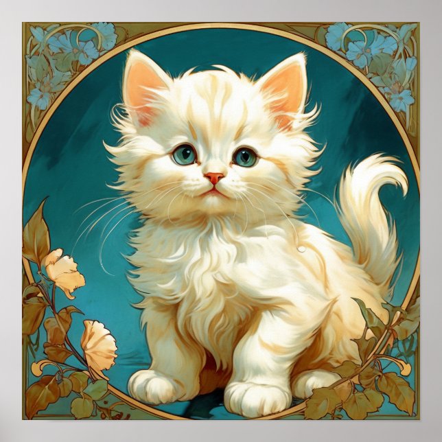 Alphonse Mucha Art Nouveau White Cat Poster (Front)