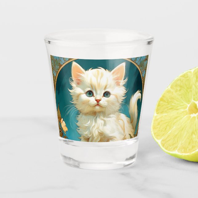 Alphonse Mucha Art Nouveau White Cat Shot Glass (Front)