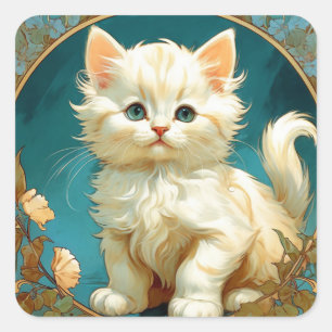Alphonse Mucha Art Nouveau White Cat Square Sticker