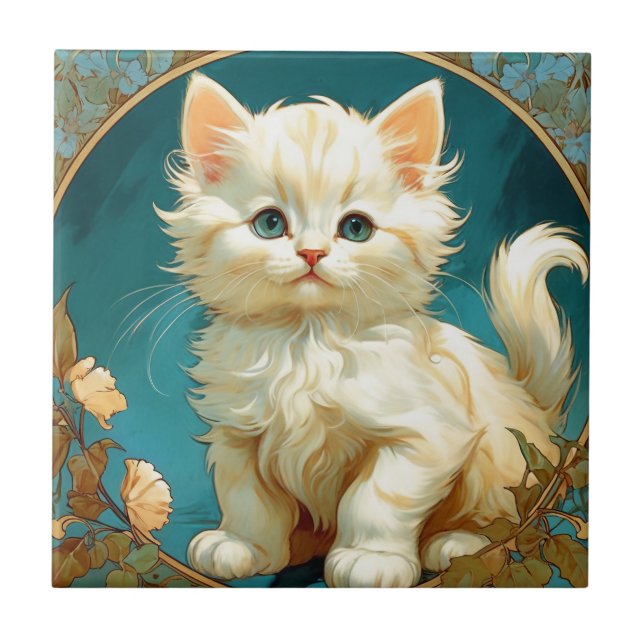 Alphonse Mucha Art Nouveau White Cat Tile (Front)