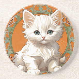 Alphonse Mucha Art Nouveau White Kitten Coaster