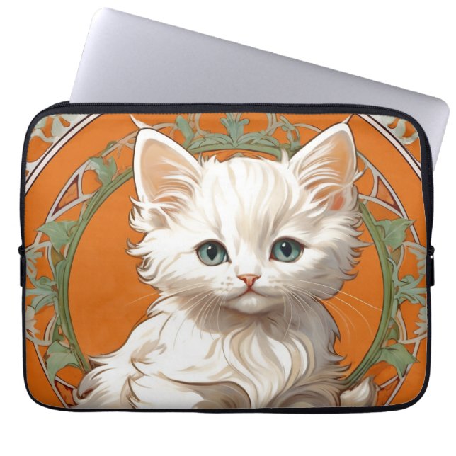 Alphonse Mucha Art Nouveau White Kitten Laptop Sleeve (Front)