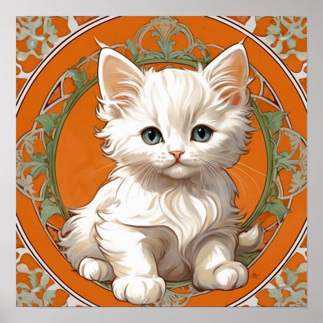 Alphonse Mucha Art Nouveau White Kitten Poster (Front)