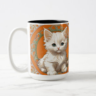Alphonse Mucha Art Nouveau White Kitten Two-Tone Coffee Mug