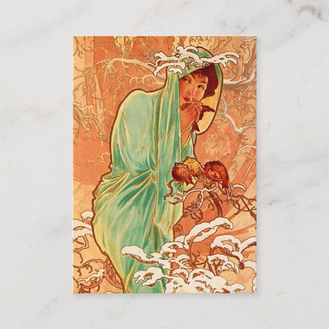 Alphonse Mucha Art Nouveau Winter Enclosure Card (Front)