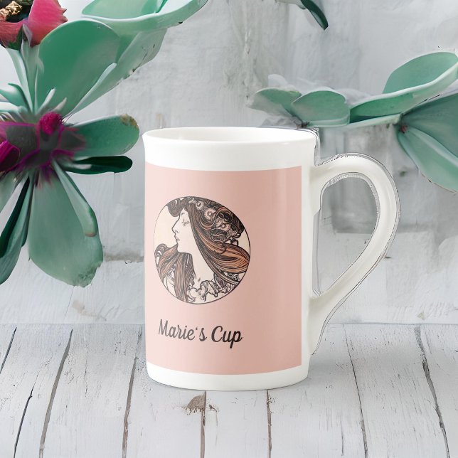 Alphonse Mucha Art Nouveau Woman With Pink Flowers Bone China Mug (Creator Uploaded)