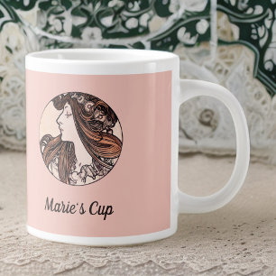 Alphonse Mucha Art Nouveau Woman with Pink Flowers Large Coffee Mug