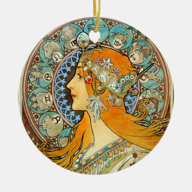 Alphonse Mucha Art Nouveau Zodiac Ceramic Tree Decoration (Front)