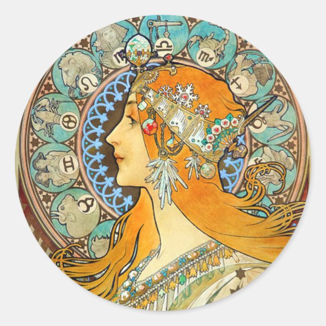 Alphonse Mucha Art Nouveau Zodiac Classic Round Sticker (Front)
