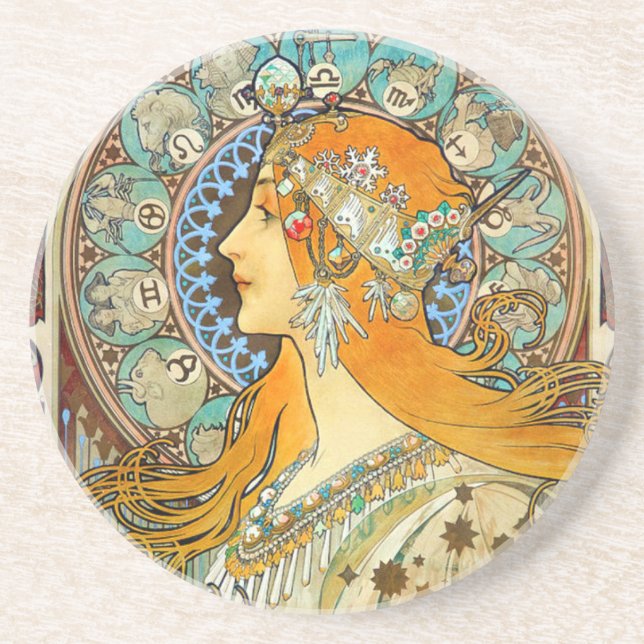 Alphonse Mucha Art Nouveau Zodiac Coaster (Front)