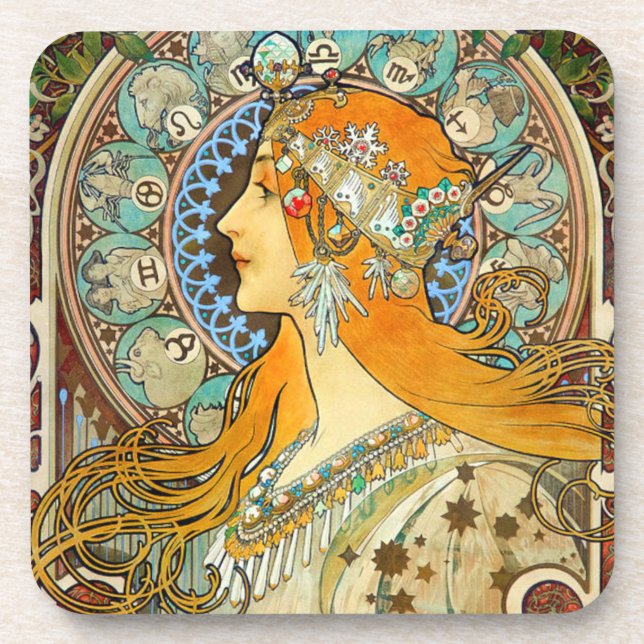 Alphonse Mucha Art Nouveau Zodiac Coaster (Front)