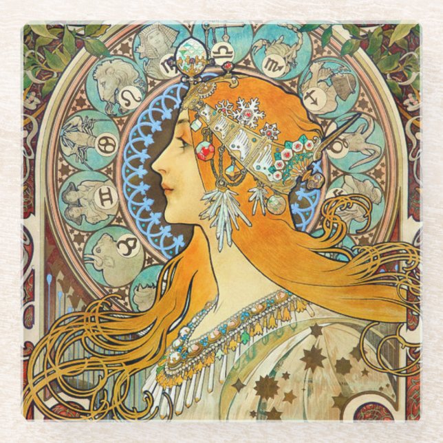 Alphonse Mucha Art Nouveau Zodiac Glass Coaster (Front)