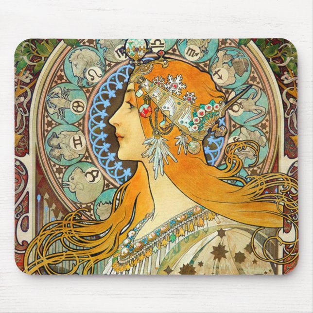 Alphonse Mucha Art Nouveau Zodiac Mouse Mat (Front)