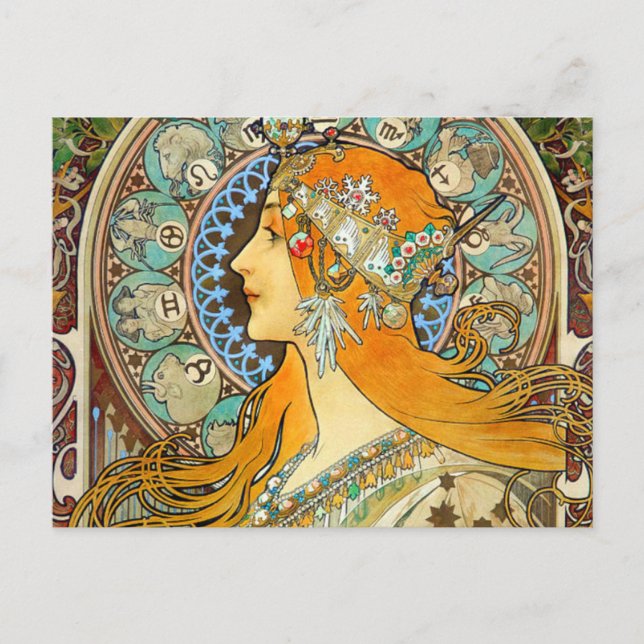 Alphonse Mucha Art Nouveau Zodiac Postcard (Front)