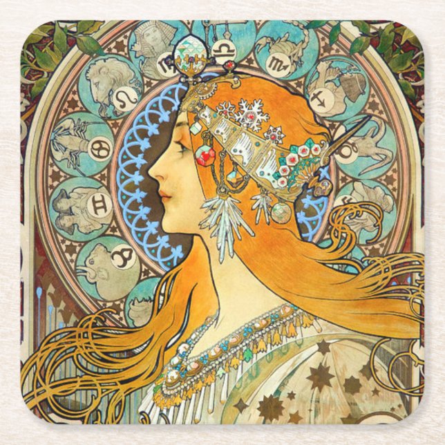 Alphonse Mucha Art Nouveau Zodiac Square Paper Coaster (Front)