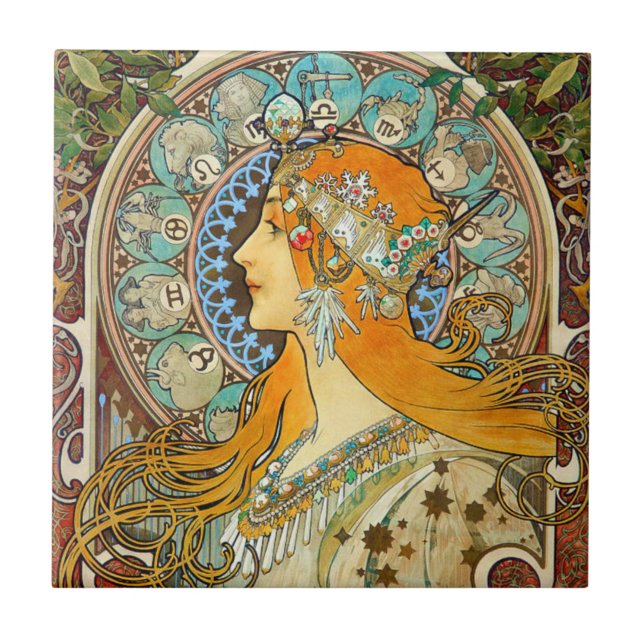 Alphonse Mucha Art Nouveau Zodiac Tile (Front)