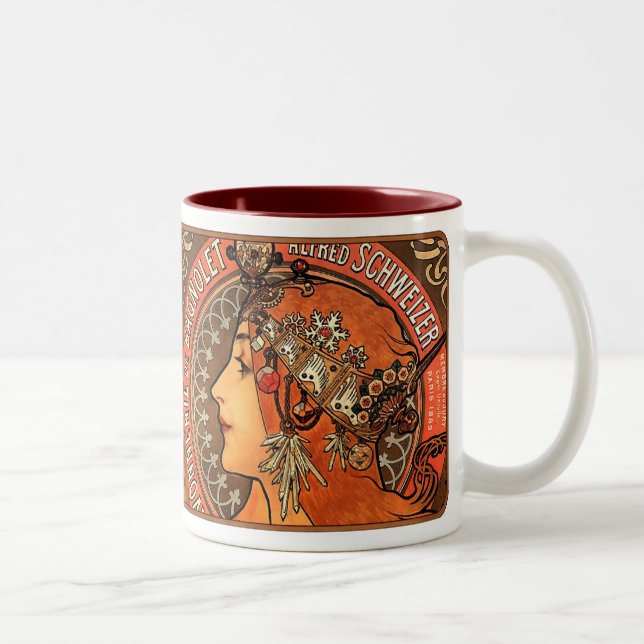 Alphonse Mucha Beautiful Art Nouveau Lady Mug/Cup Two-Tone Coffee Mug (Right)