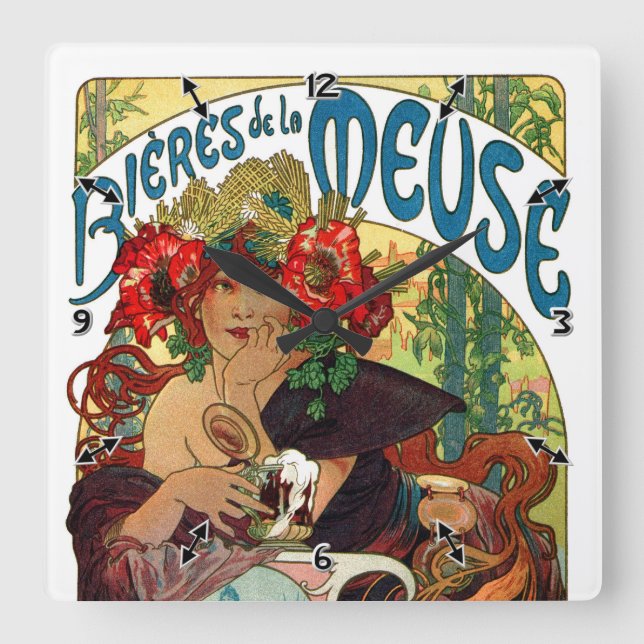 Alphonse Mucha Bieres De La Meuse Square Wall Clock (Front)