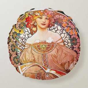 Alphonse Mucha Daydream Floral Vintage Art Nouveau Round Cushion