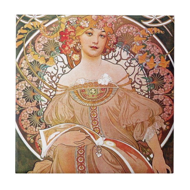 Alphonse Mucha Daydream Reverie Art Nouveau Lady Tile (Front)
