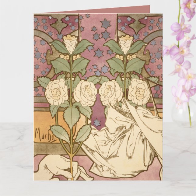 Alphonse Mucha Elegant Art Nouveau Stars Camellia  Card (Orchid)