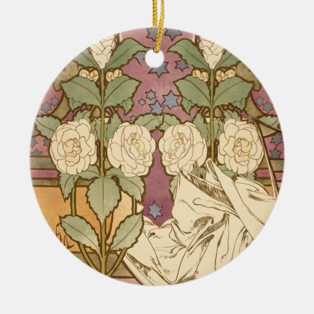 Alphonse Mucha Elegant Art Nouveau Stars Camellia  Ceramic Tree Decoration (Front)