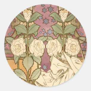 Alphonse Mucha Elegant Art Nouveau Stars Camellia  Classic Round Sticker