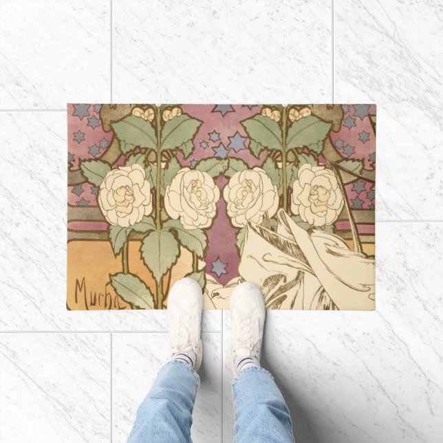 Alphonse Mucha Elegant Art Nouveau Stars Camellia  Doormat (Indoor)