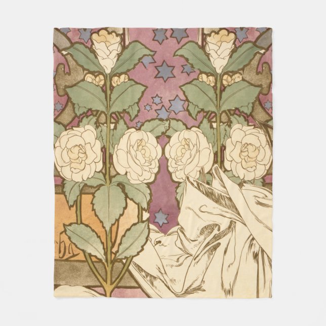 Alphonse Mucha Elegant Art Nouveau Stars Camellia  Fleece Blanket (Front)