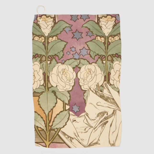 Alphonse Mucha Elegant Art Nouveau Stars Camellia  Golf Towel (Front)