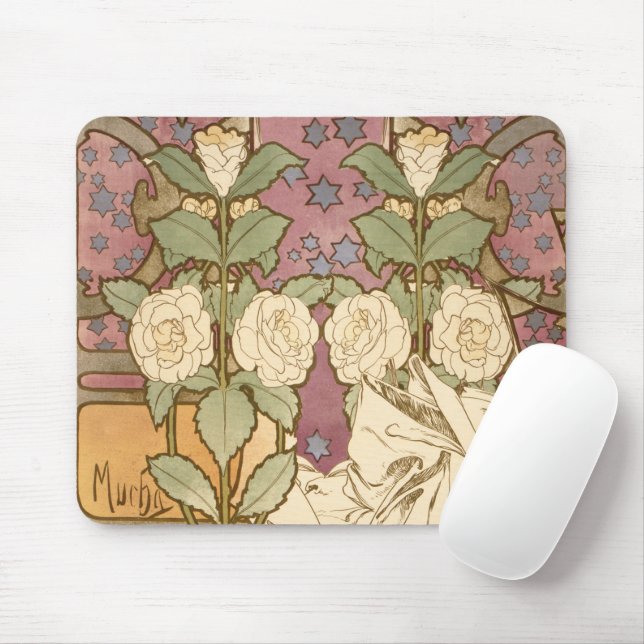 Alphonse Mucha Elegant Art Nouveau Stars Camellia  Mouse Mat (With Mouse)