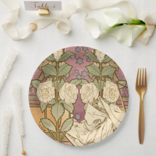 Alphonse Mucha Elegant Art Nouveau Stars Camellia  Paper Plate