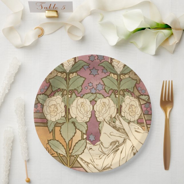 Alphonse Mucha Elegant Art Nouveau Stars Camellia  Paper Plate (Wedding)