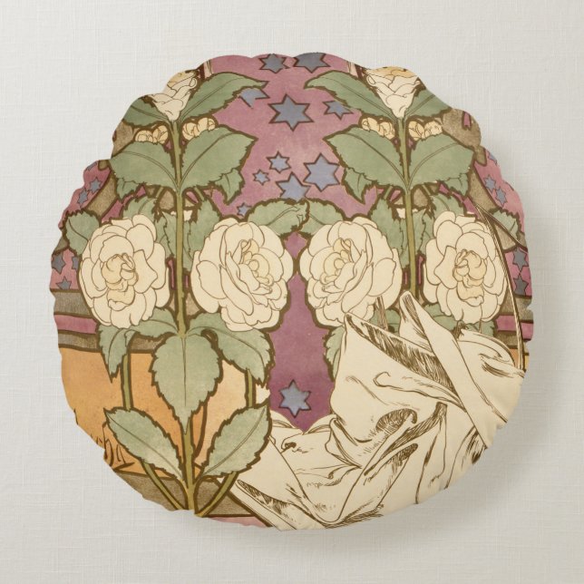 Alphonse Mucha Elegant Art Nouveau Stars Camellia  Round Cushion (Front)