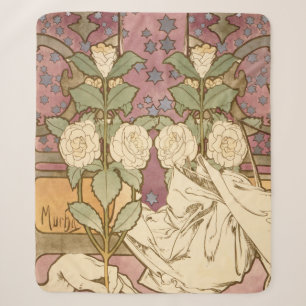 Alphonse Mucha Elegant Art Nouveau Stars Camellia Sherpa Blanket