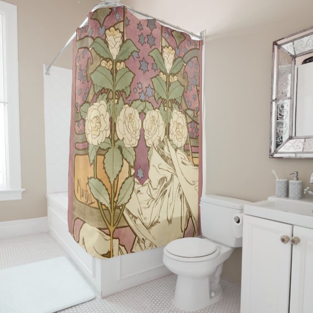 Alphonse Mucha Elegant Art Nouveau Stars Camellia  Shower Curtain (In Situ)