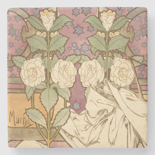 Alphonse Mucha Elegant Art Nouveau Stars Camellia  Stone Coaster (Front)