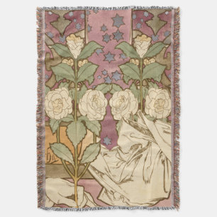 Alphonse Mucha Elegant Art Nouveau Stars Camellia Throw Blanket