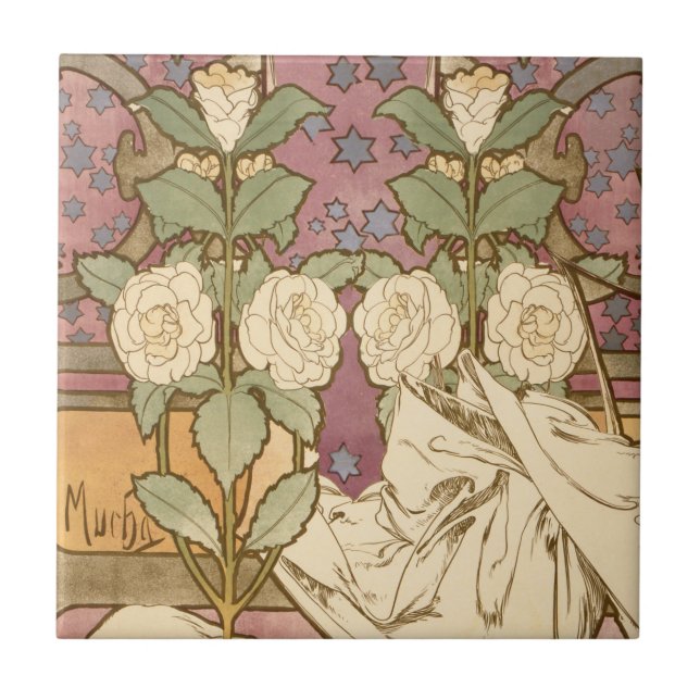 Alphonse Mucha Elegant Art Nouveau Stars Camellia  Tile (Front)
