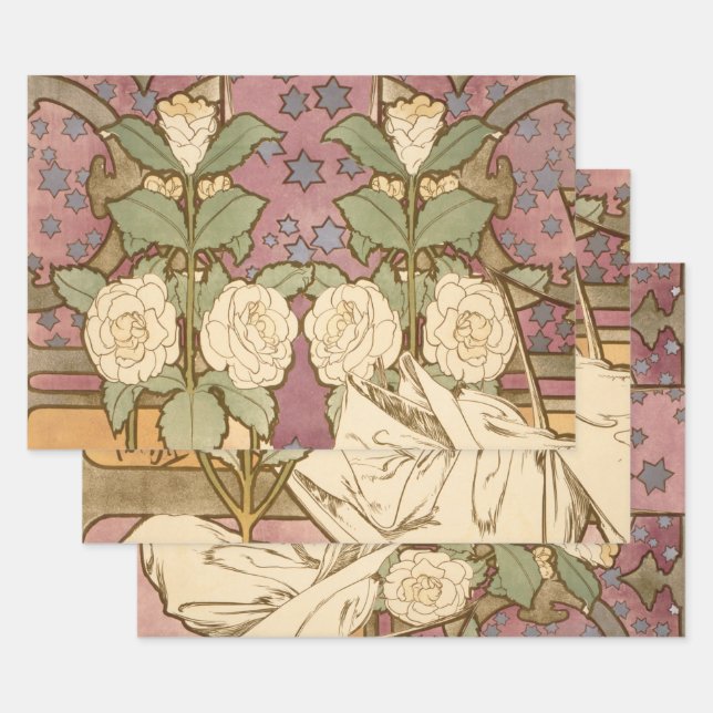 Alphonse Mucha Elegant Art Nouveau Stars Camellia  Wrapping Paper Sheet (Set)