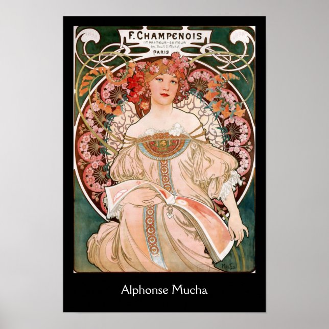 Alphonse Mucha F. Champenois on black Poster (Front)