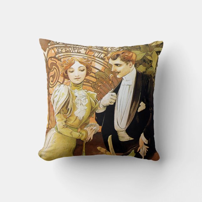 Alphonse Mucha Flirt Vintage Romantic Art Nouveau Cushion (Front)
