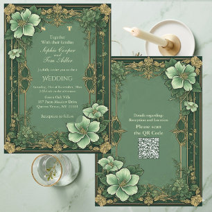Alphonse Mucha Florals Opulence Sage Green Wedding Invitation