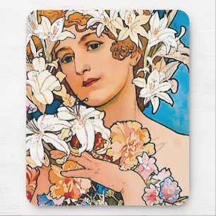 Alphonse Mucha - Flower - Retro Art Nouveau Mouse Mat