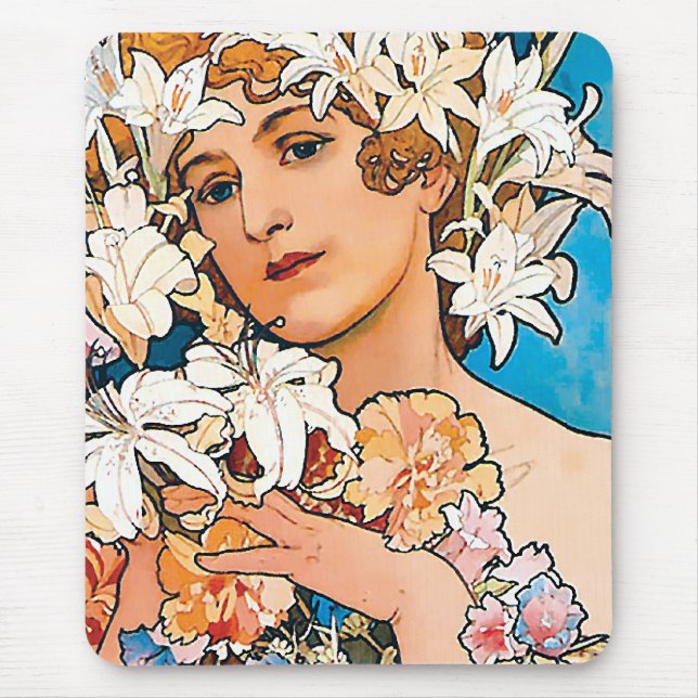 Alphonse Mucha - Flower - Retro Art Nouveau Mouse Mat (Front)
